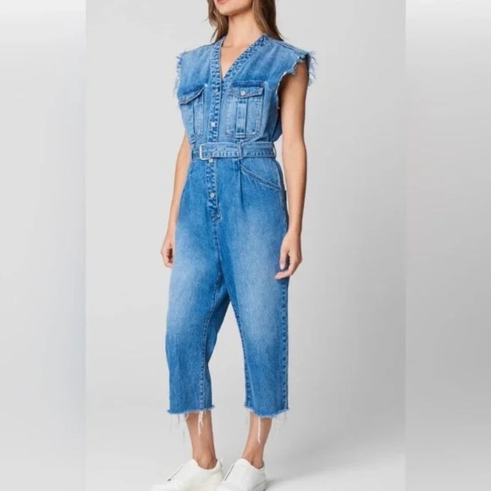 BLANK NYC Sleeveless Denim Jumpsuit | Belted Raw Hem | Size M | NWT